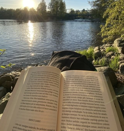 An open book by the river at golden hour